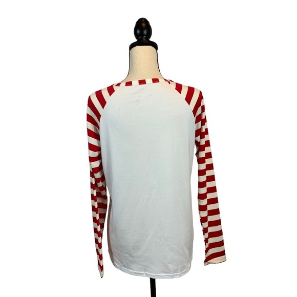 Egelexy Merry Christmas Y’all Long Candy Cane Striped Sleeve Baseball Style Tee - Picture 3 of 8
